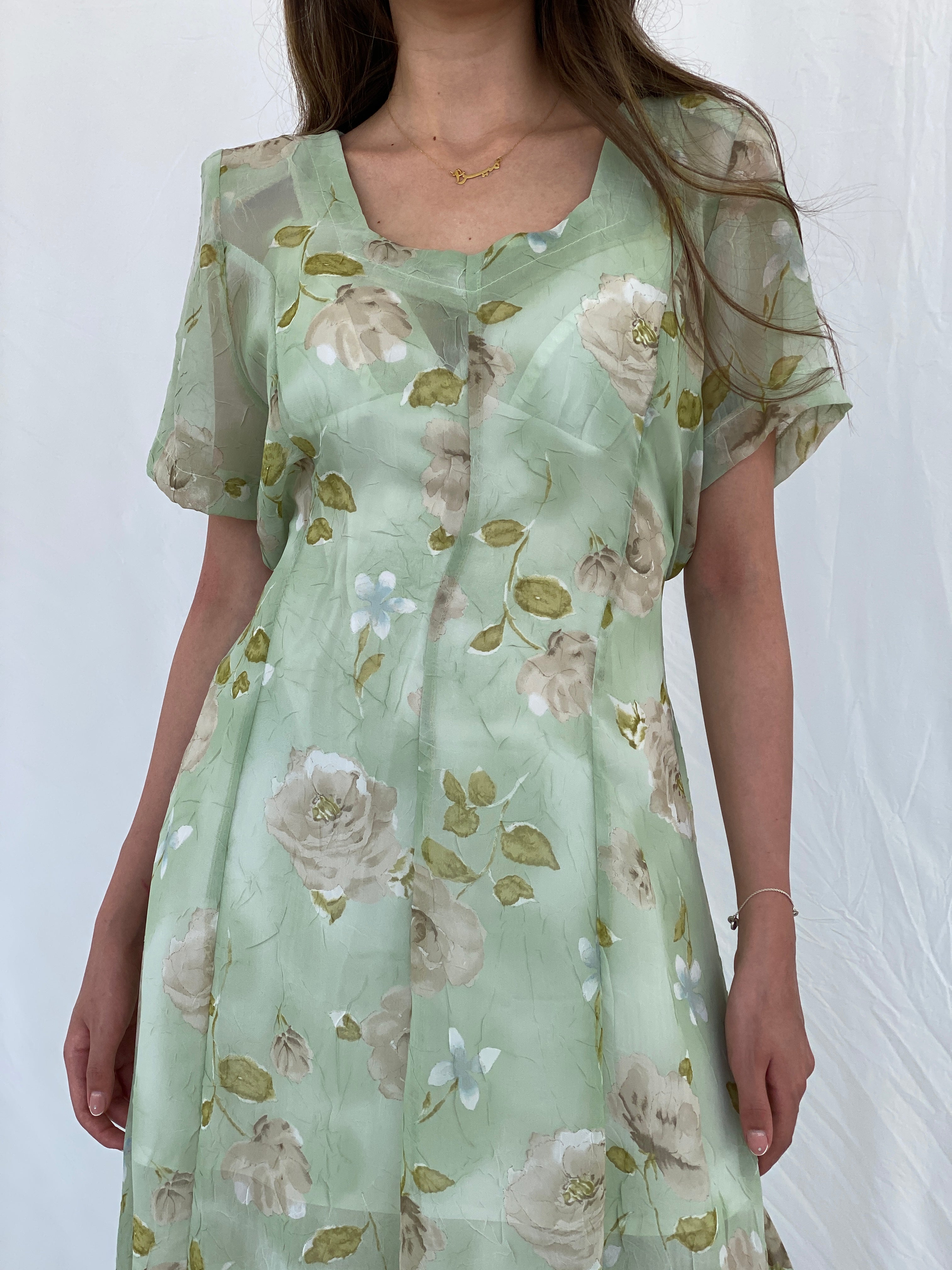 Vintage Handmade Mint Green Sheer Floral Print Maxi Dress - M