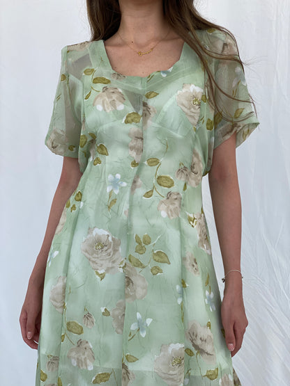 Vintage Handmade Mint Green Sheer Floral Print Maxi Dress - M