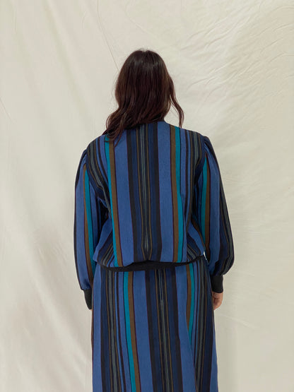 Vintage Pure Wool Sporting Dress Skirt & Jacket Set Blue Striped Two-Piece Set - L