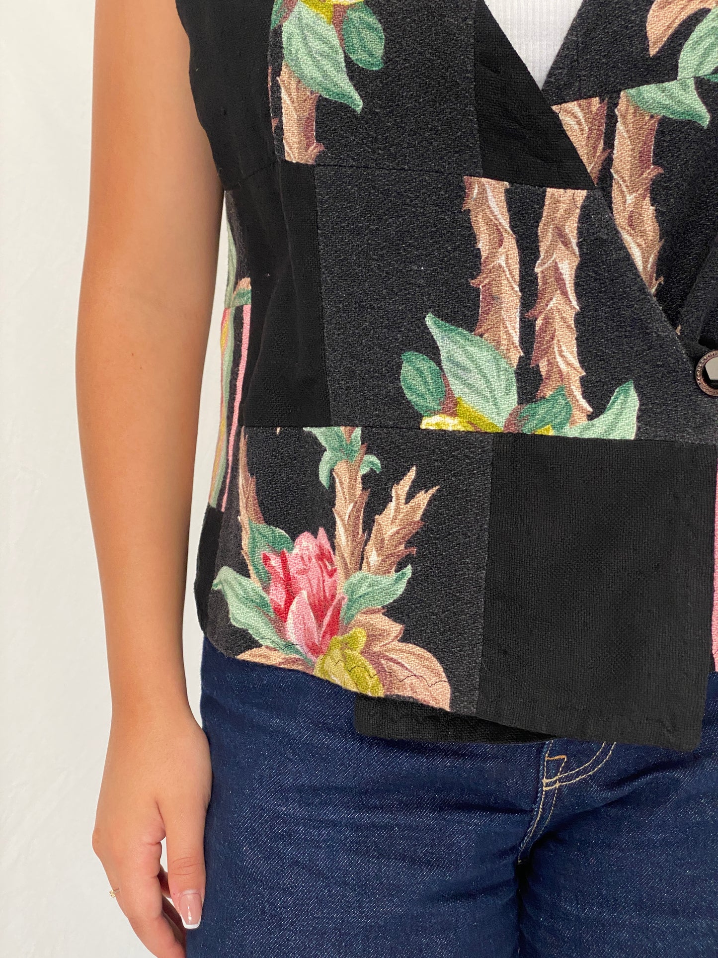 Vintage Black Patchwork Floral Vest Asymmetric Button Boho Waistcoat – L