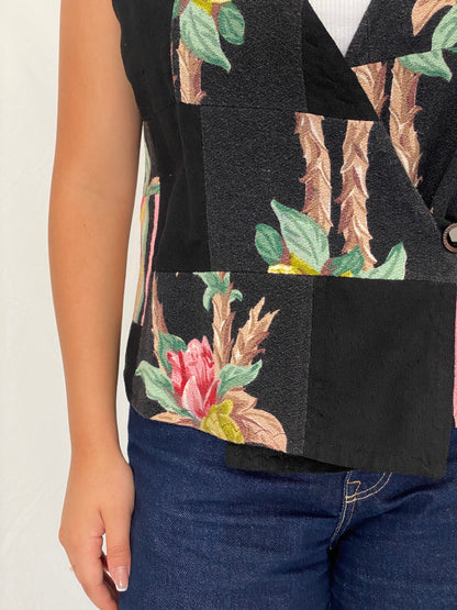 Vintage Black Patchwork Floral Vest Asymmetric Button Boho Waistcoat – L