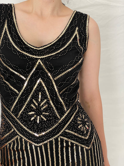 Vintage Art Deco Gatsby Black & Gold Sequin Fringe Cocktail Dress –  S