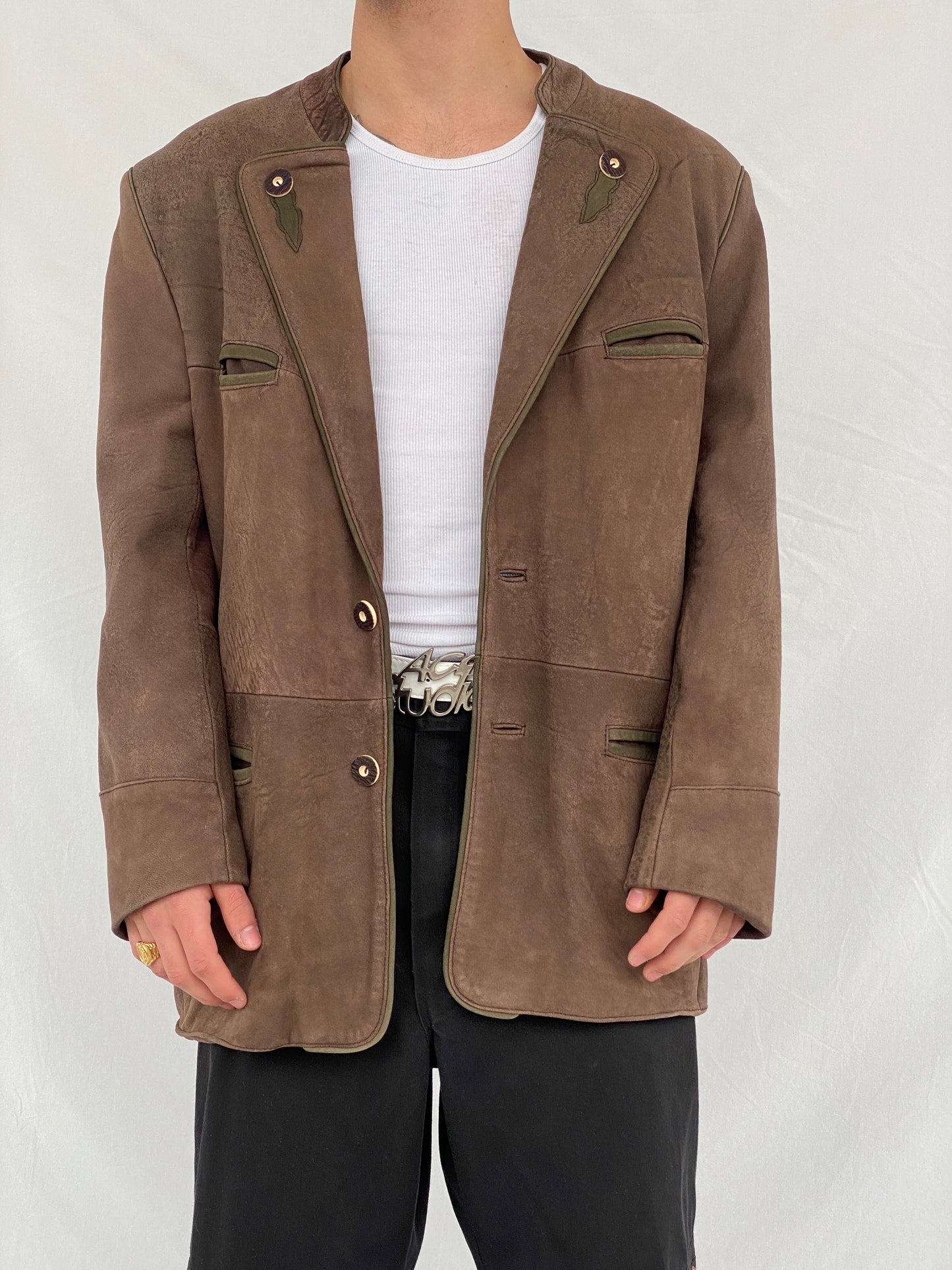 Vintage Solo Die Irocni Men’s Brown Genuine Leather Oversized Shooting Blazer Jacket - L