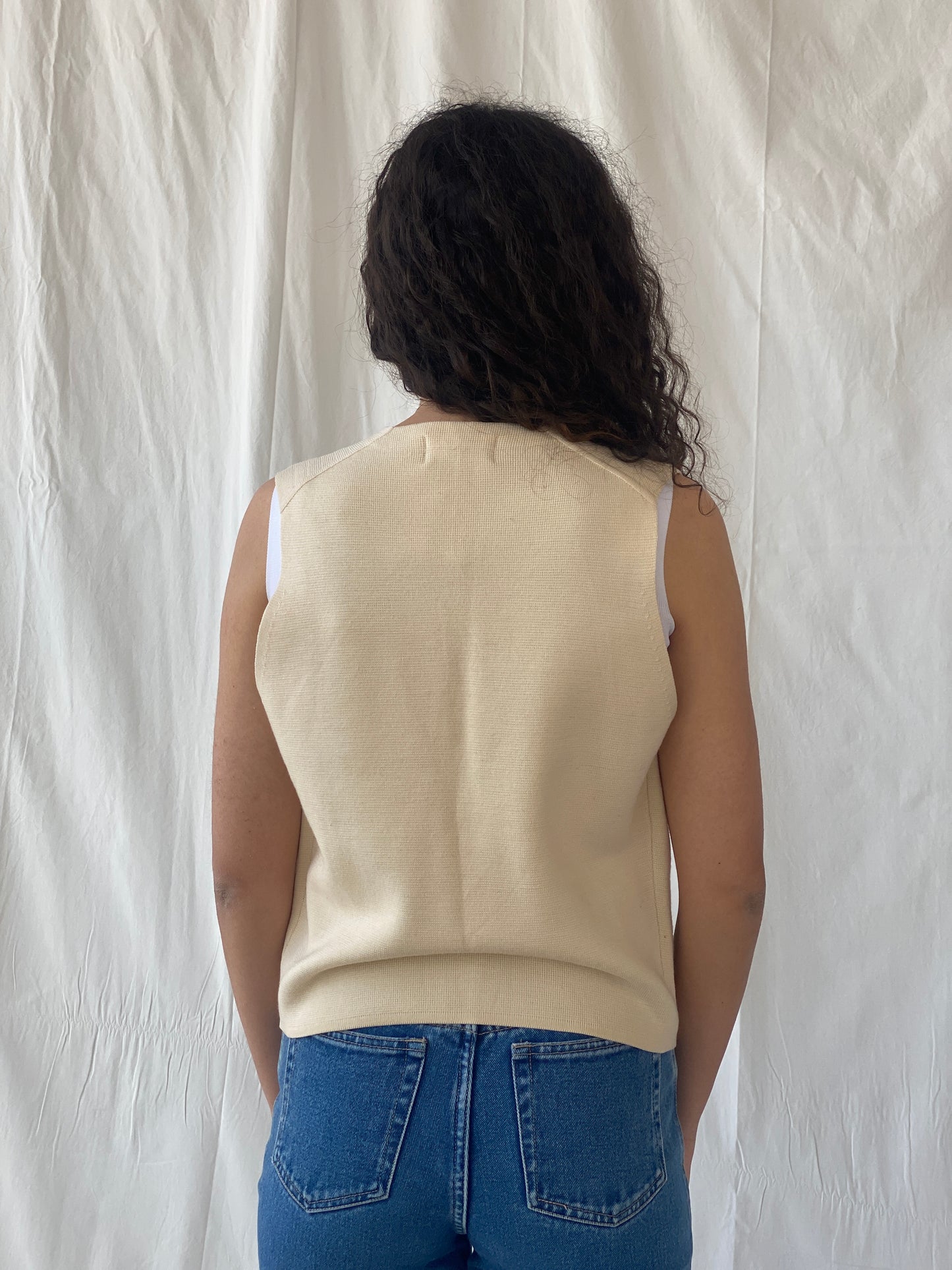 Vintage Charm Square Beige Vest Cotton Blend Waistcoat - L