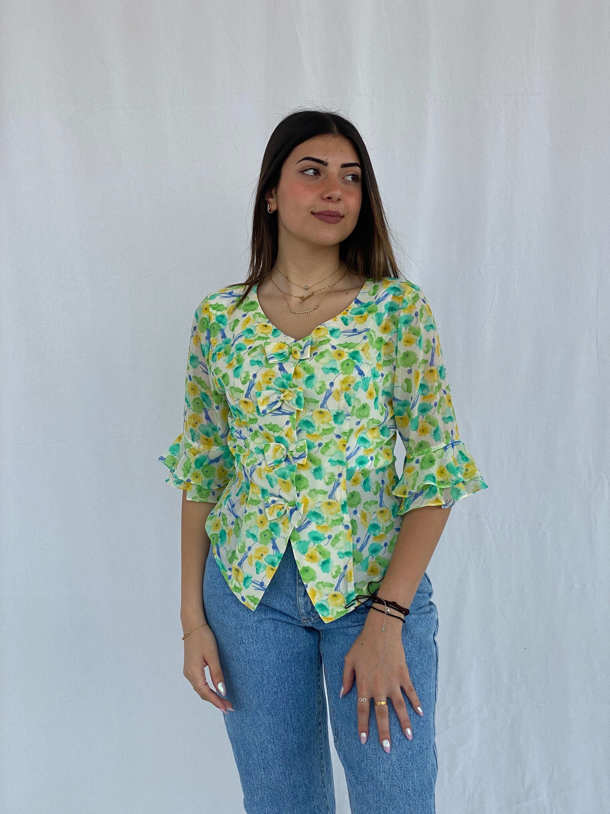 Vintage Floral Green and Yellow Shirt Size S - Balagan Vintage Half Sleeve Shirt floral, floral print, floral shirt, Juana, NEW IN