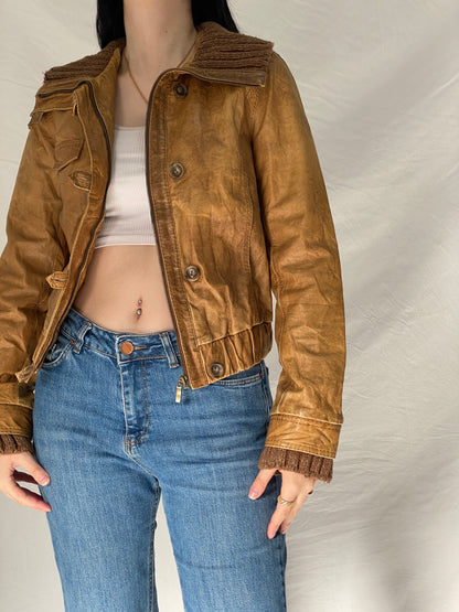 Y2K Jeim Basic Genuine Leather Tan Brown Distressed Cropped Jacket - S