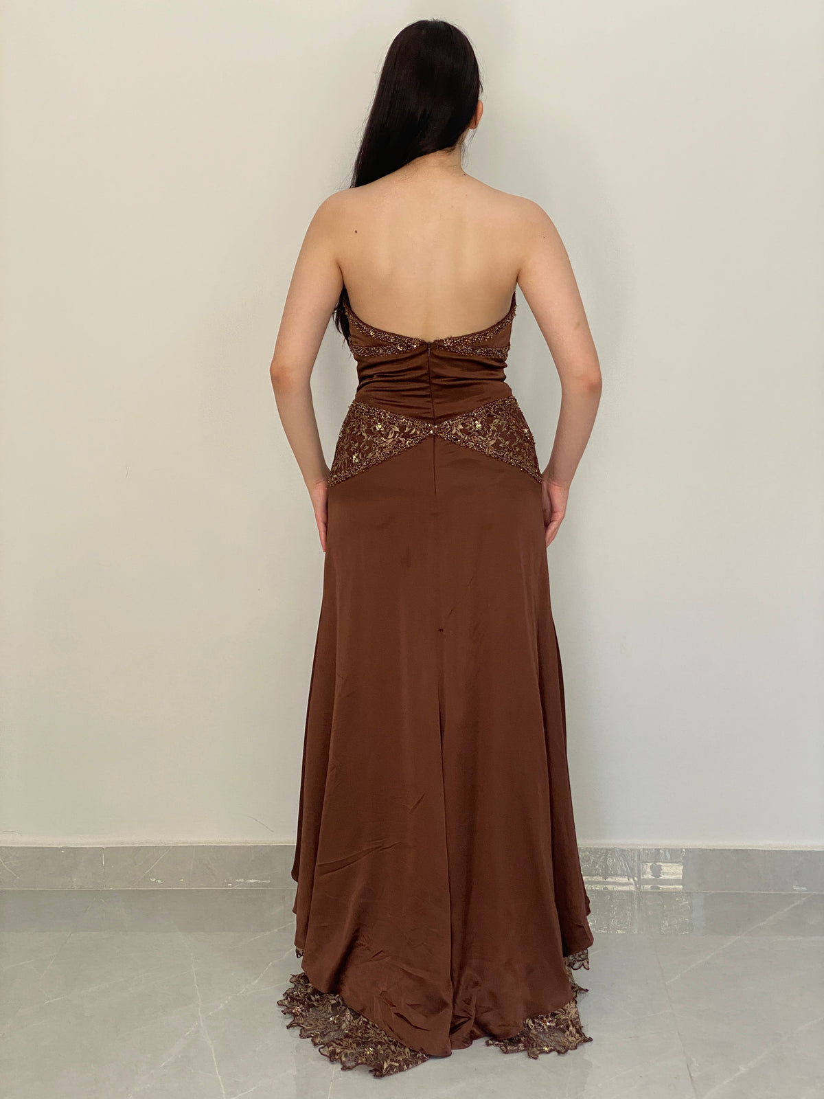 Vintage Party Time Brown Beaded Lace Strapless Formal Gown – M