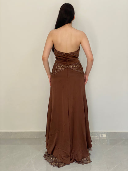 Vintage Party Time Brown Beaded Lace Strapless Formal Gown – M