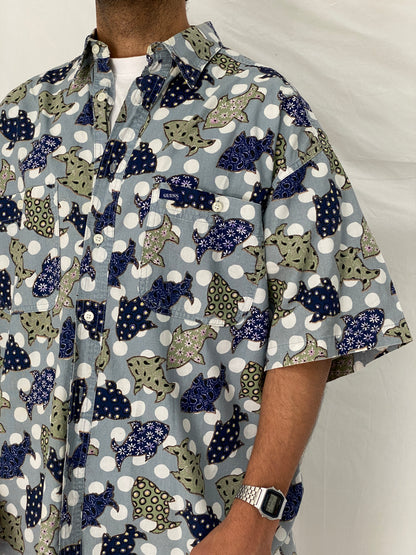 Vintage Guess Abstract Polka Dot Fish Print Blue Cotton Shirt – XL