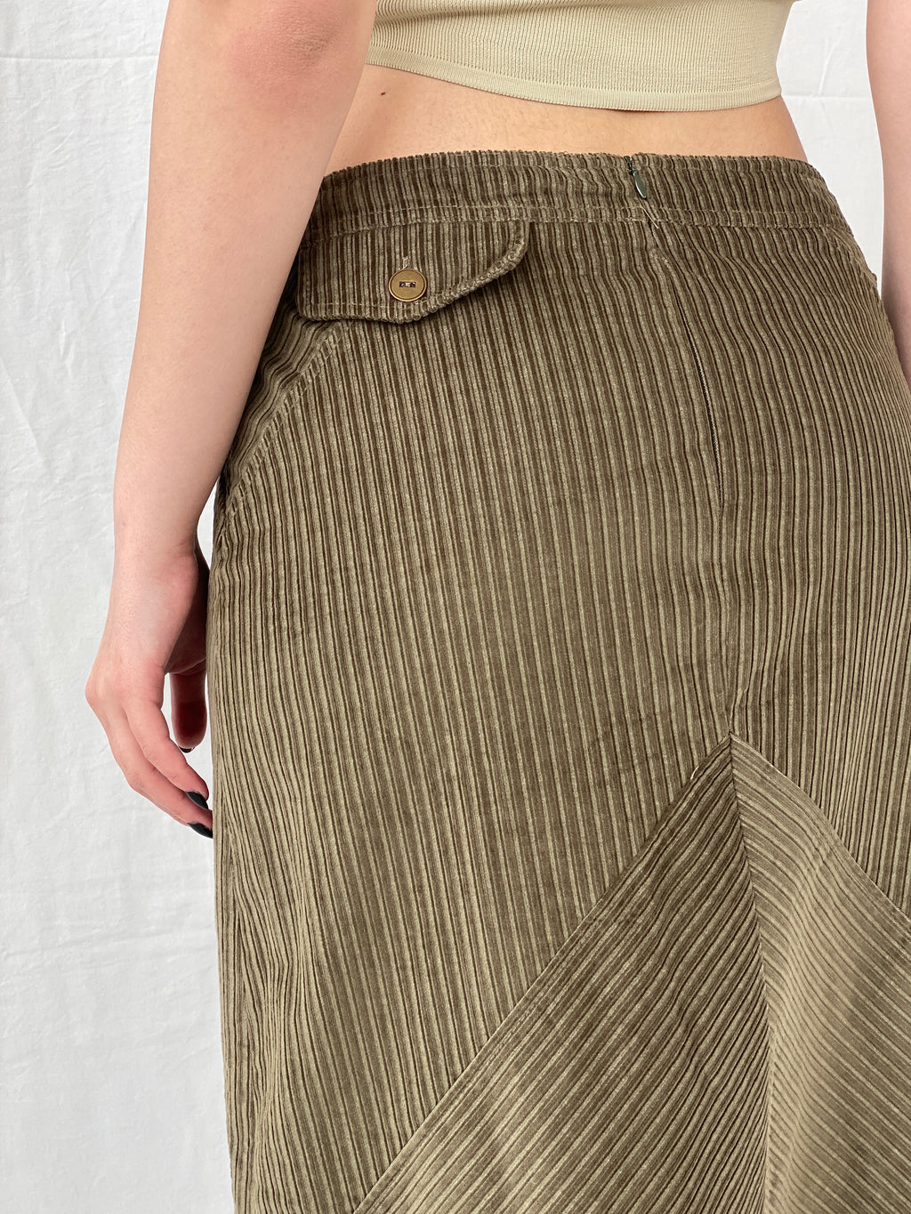 90s Phildar Olive Green Utility Corduroy Midi Skirt - L
