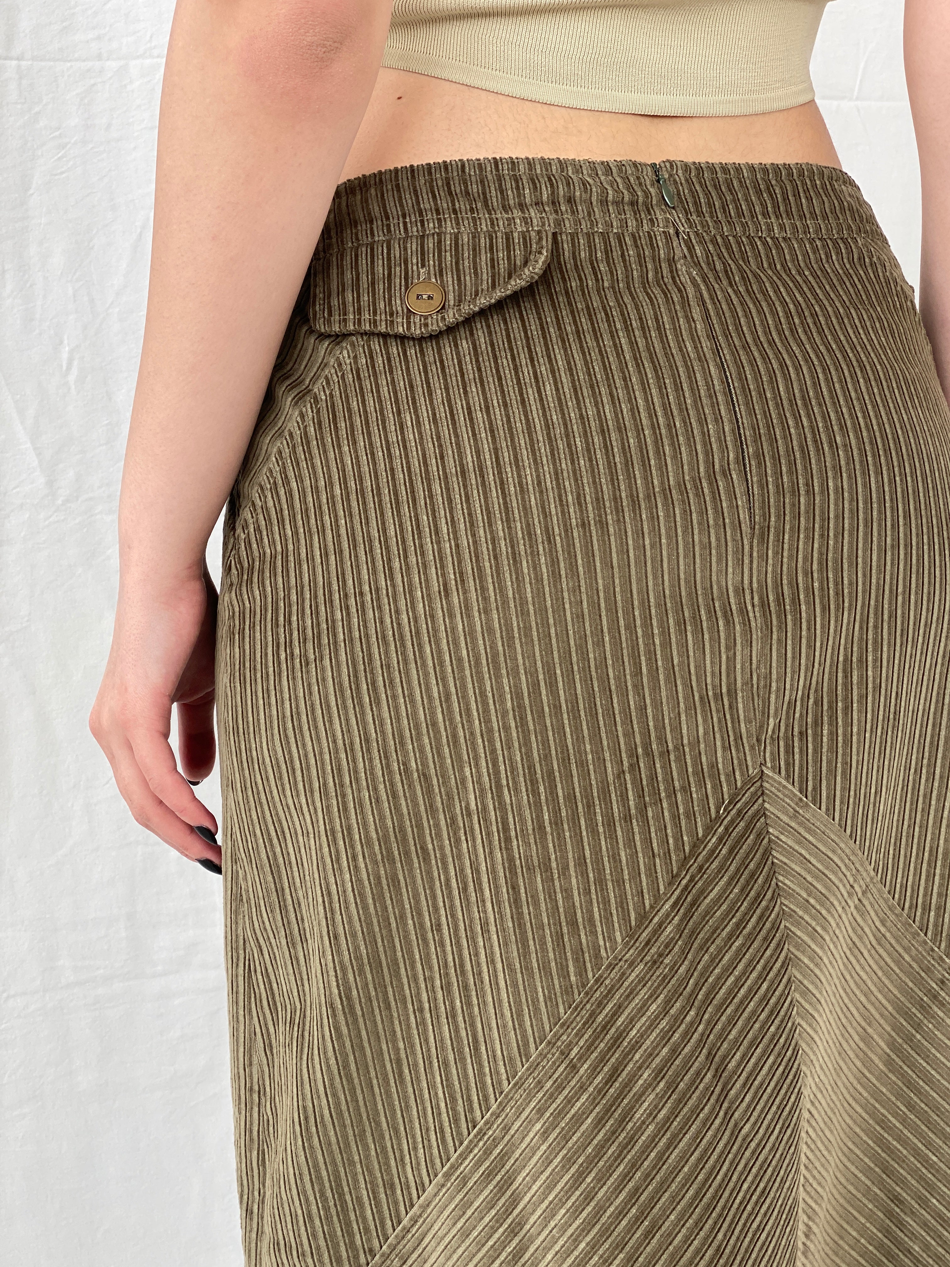 90s Phildar Olive Green Utility Corduroy Midi Skirt - L