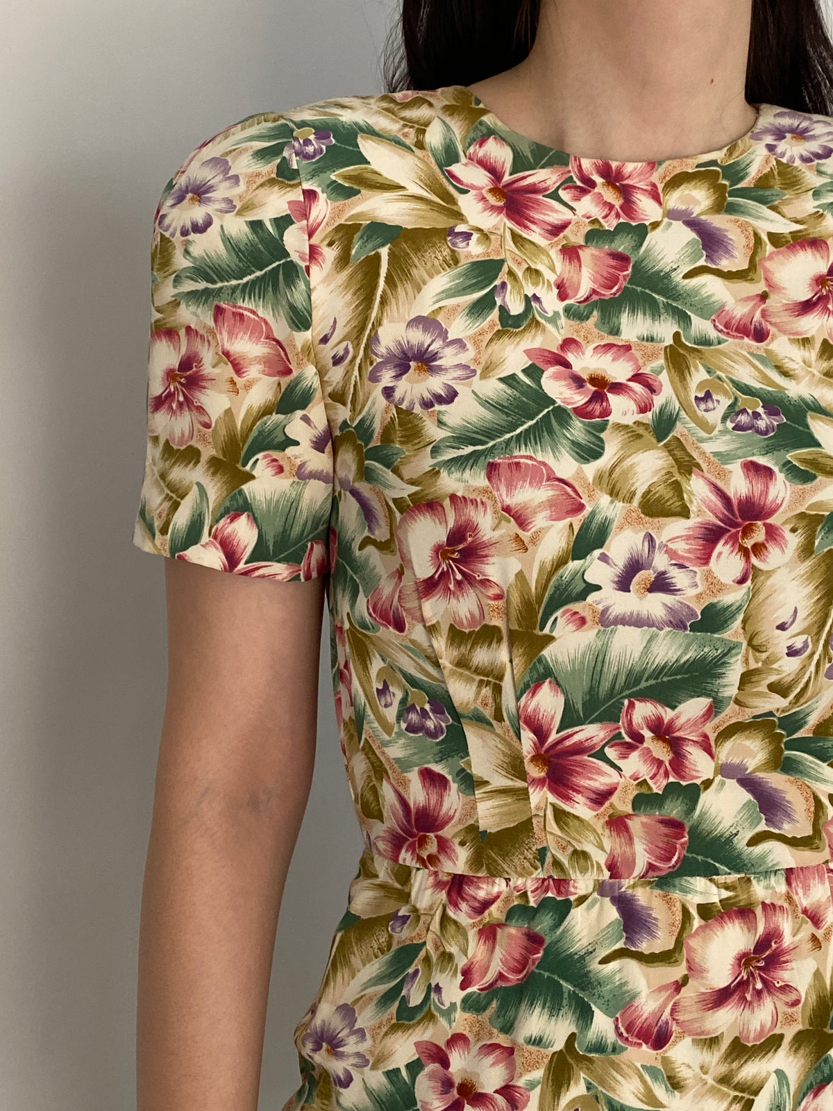 Vintage 90s Liz Claiborne Cream Rayon Tropical Floral Wrap-Style Dress - S