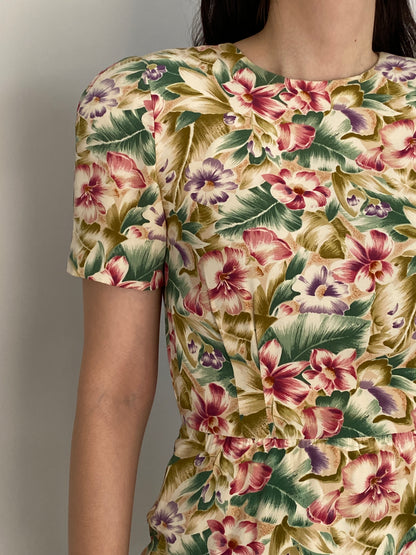 Vintage 90s Liz Claiborne Cream Rayon Tropical Floral Wrap-Style Dress - S