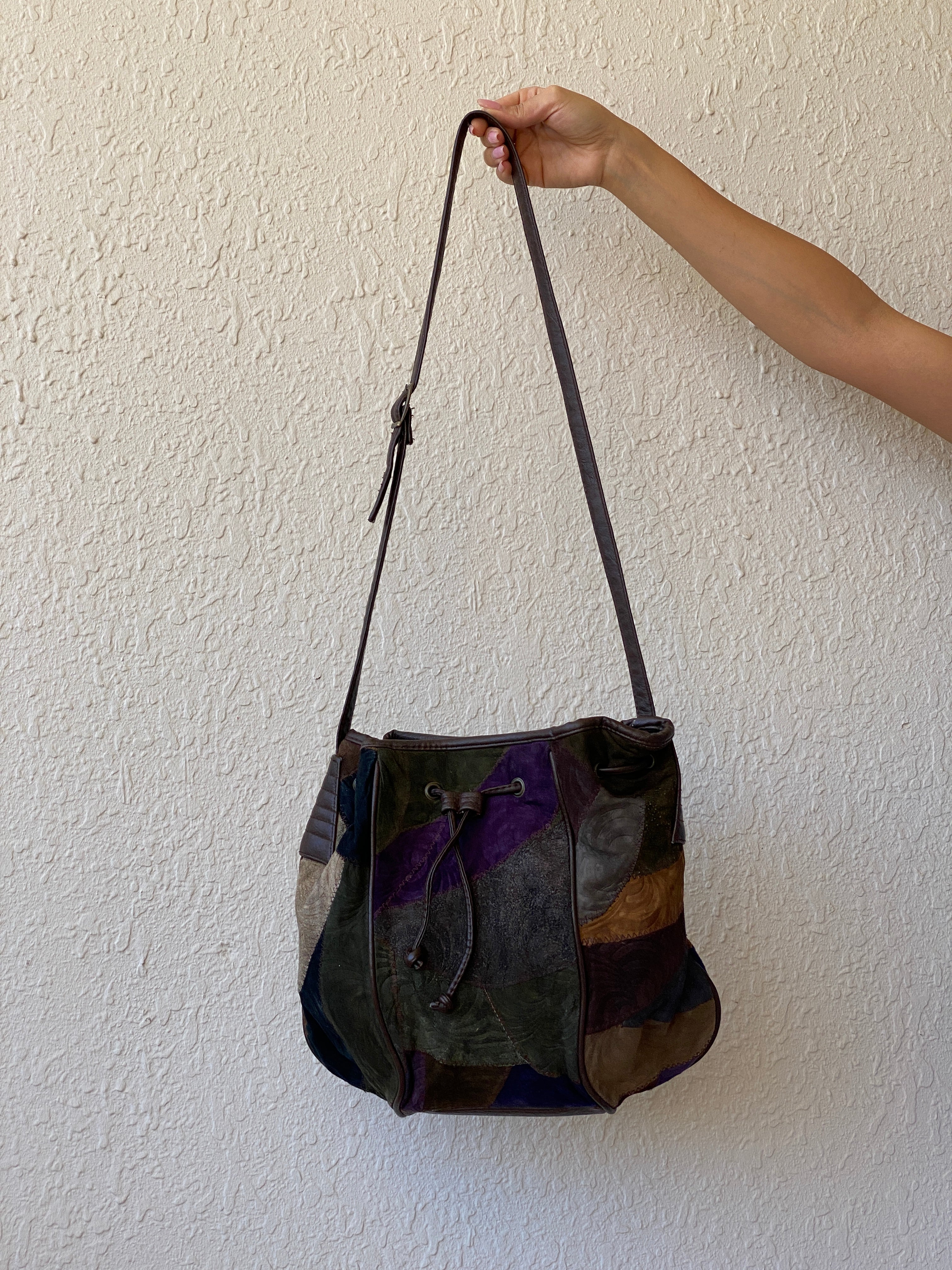 Vintage Embossed Leather Hippie Boho Patchwork Suede Shoulder Crossbody Bag