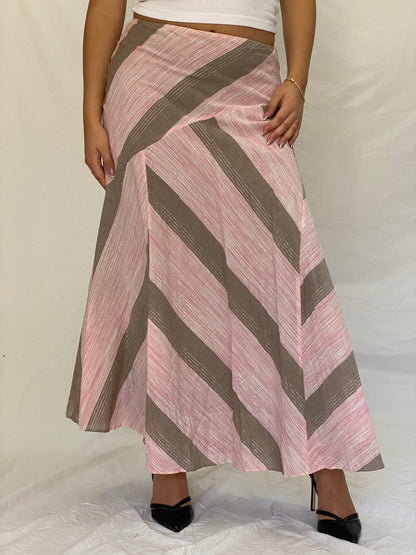 Vintage Y2K Woolworths Woman Pink & Taupe Linen Blend Chevron Maxi Skirt - M