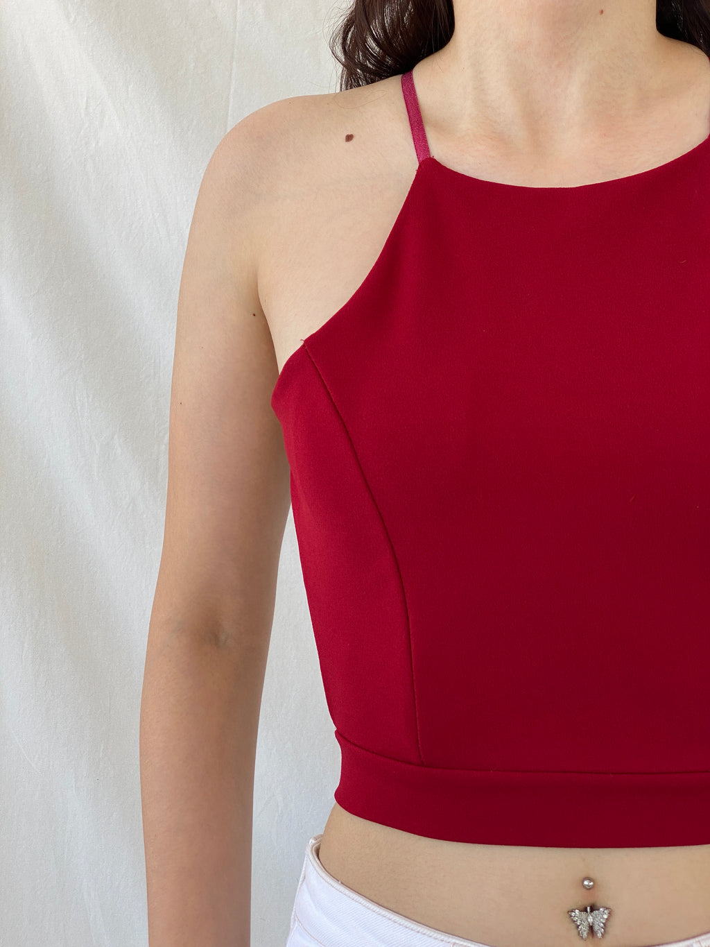 Vintage Red Italian Halter Backless Crop Top with Padded Bust - S