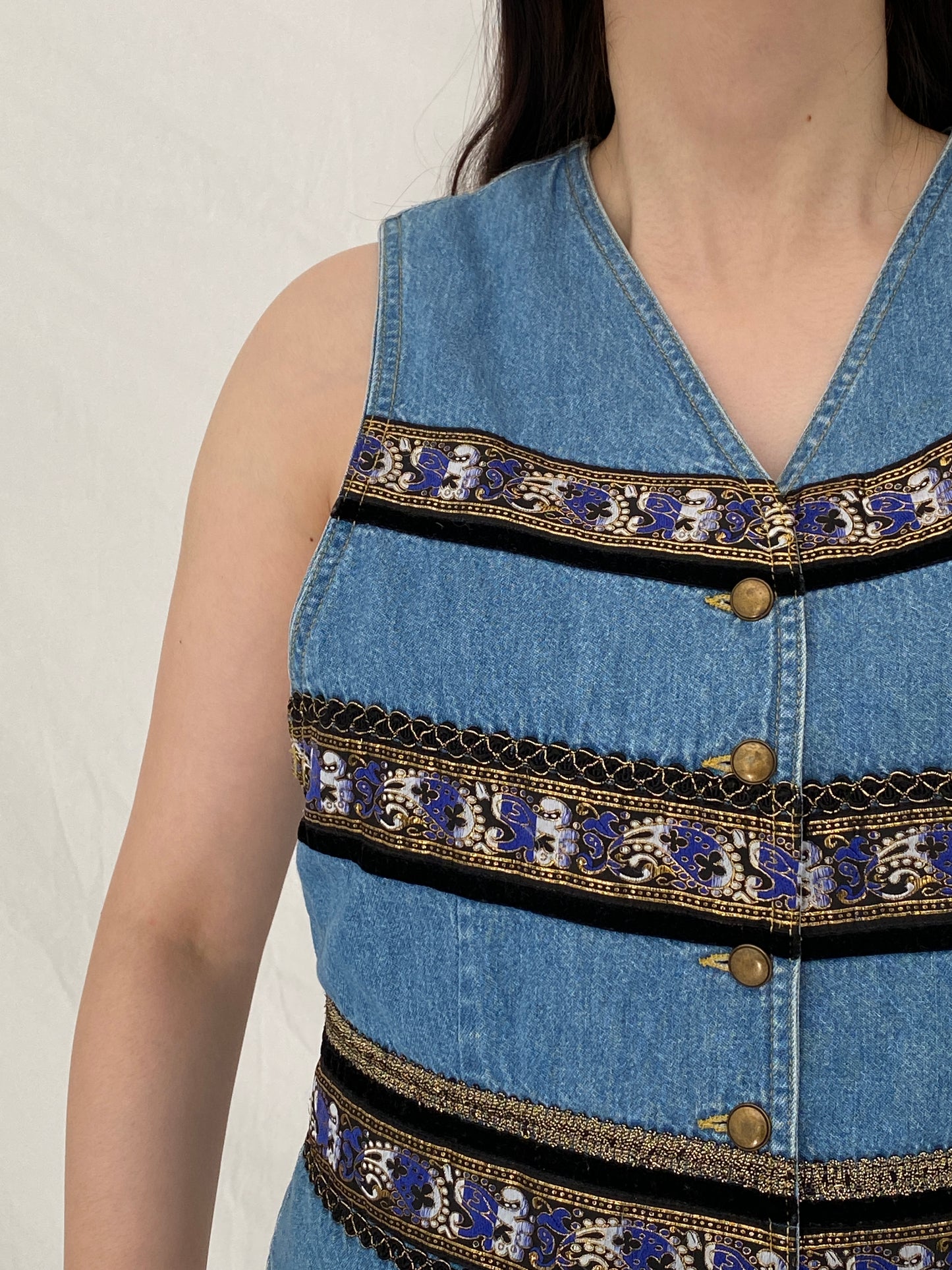 Vintage Y2K Liz Wear Denim Vest Boho Tapestry Trim Button Front Cropped Jean Vest – M
