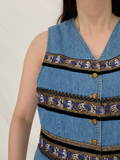 Vintage Y2K Liz Wear Denim Vest Boho Tapestry Trim Button Front Cropped Jean Vest – M