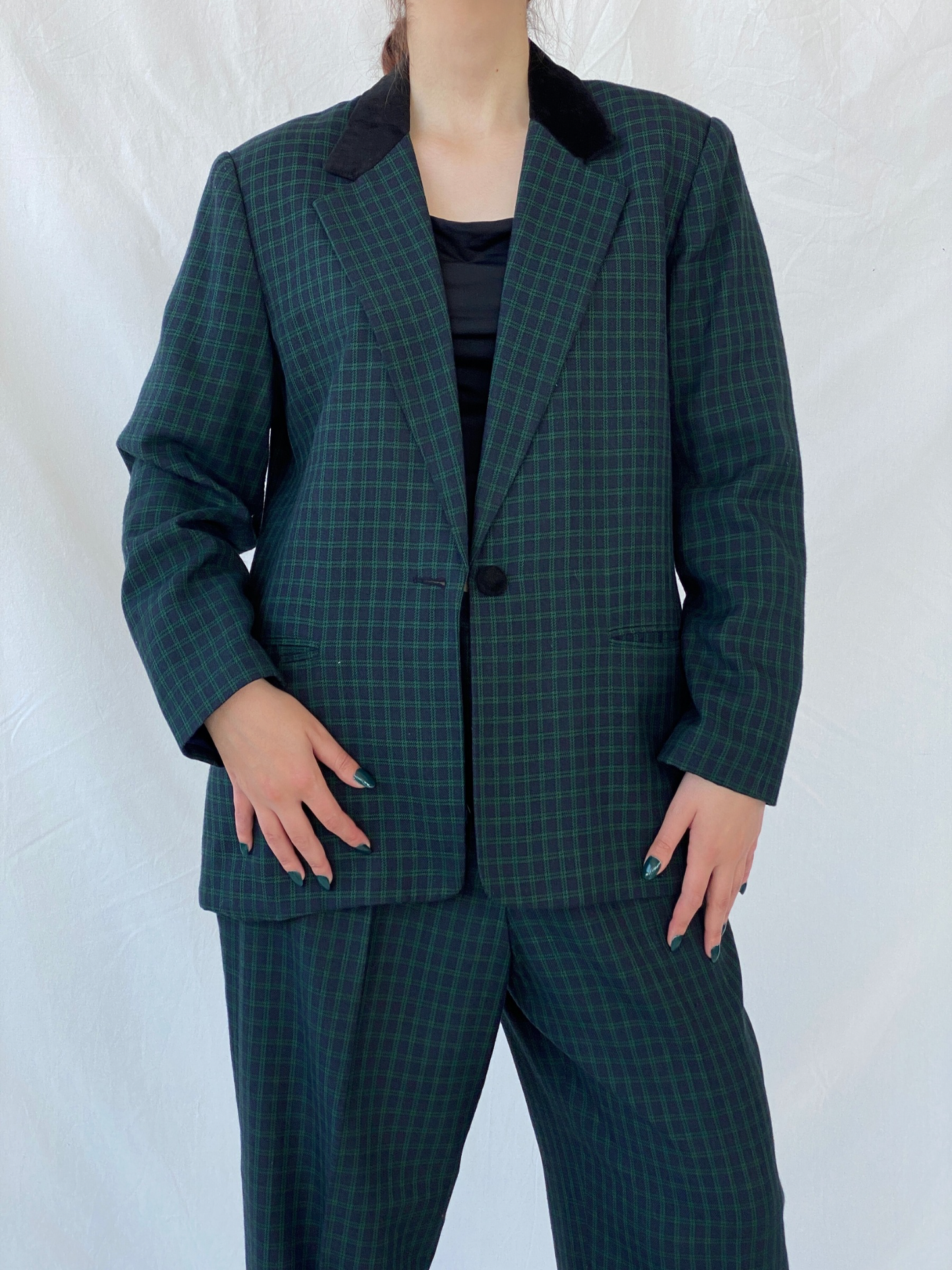 Vintage LESLIE FAY Sportswear Black and Green Plaid Blazer Pants Power Suit Set - XL