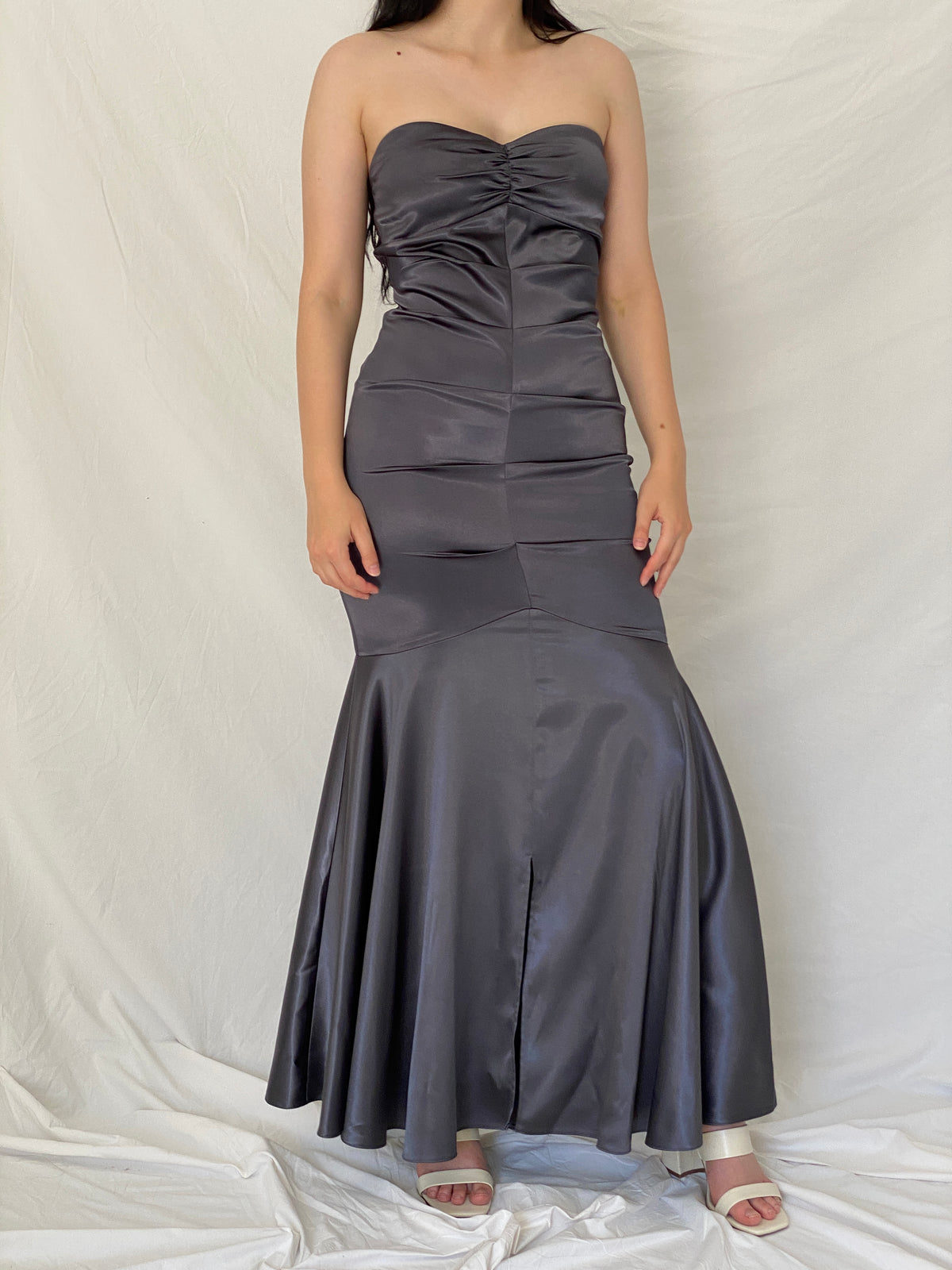 Vintage Y2K Jump Apparel by Wendye Chaitin Charcoal Satin Mermaid Evening Gown - M Vintage Y2K Jump Apparel by Wendye Chaitin Charcoal Satin Mermaid Evening Gown - M