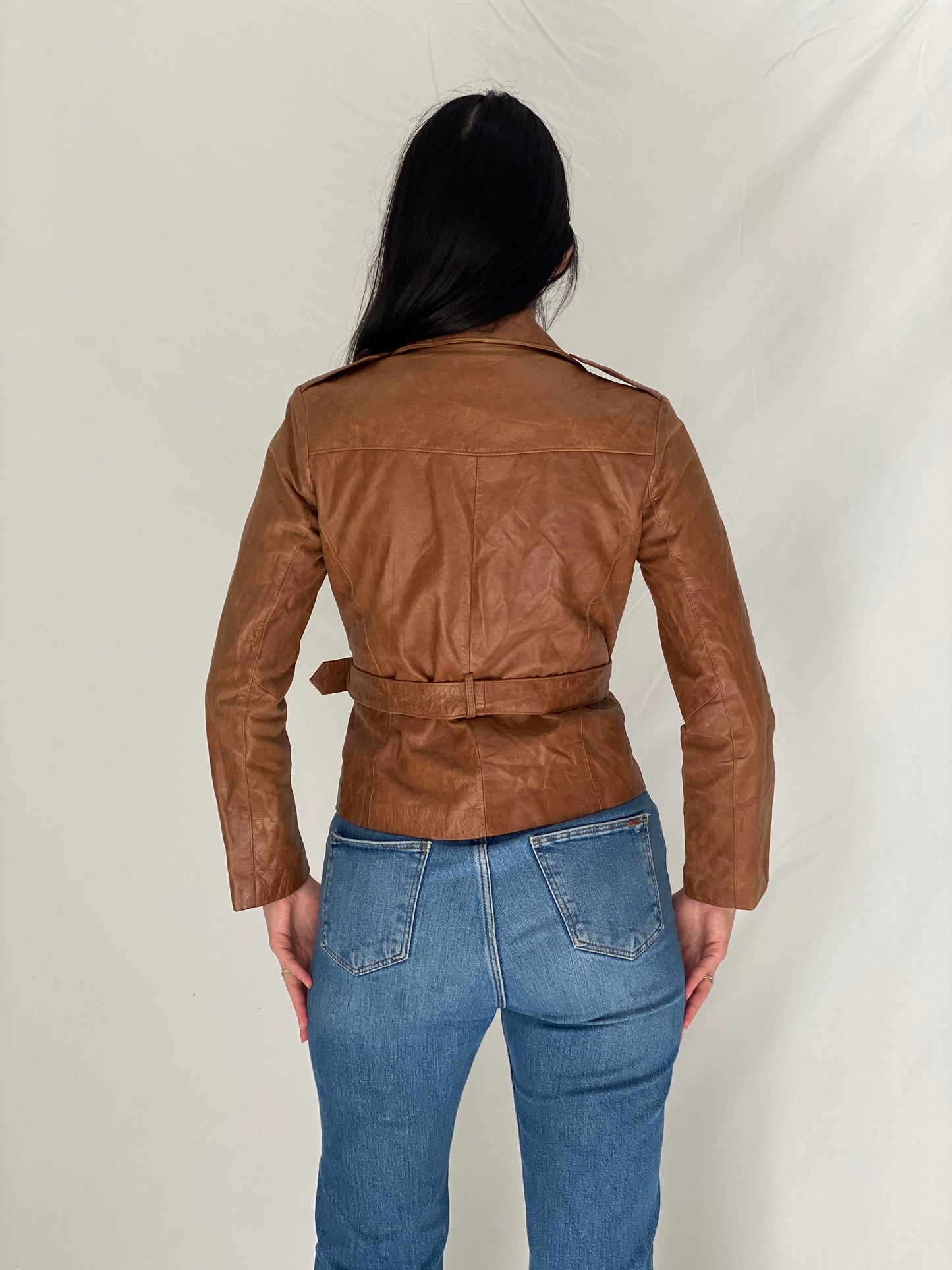 Vintage Y2K Influence Paris Brown Genuine Leather Fitted Belted Jacket - S