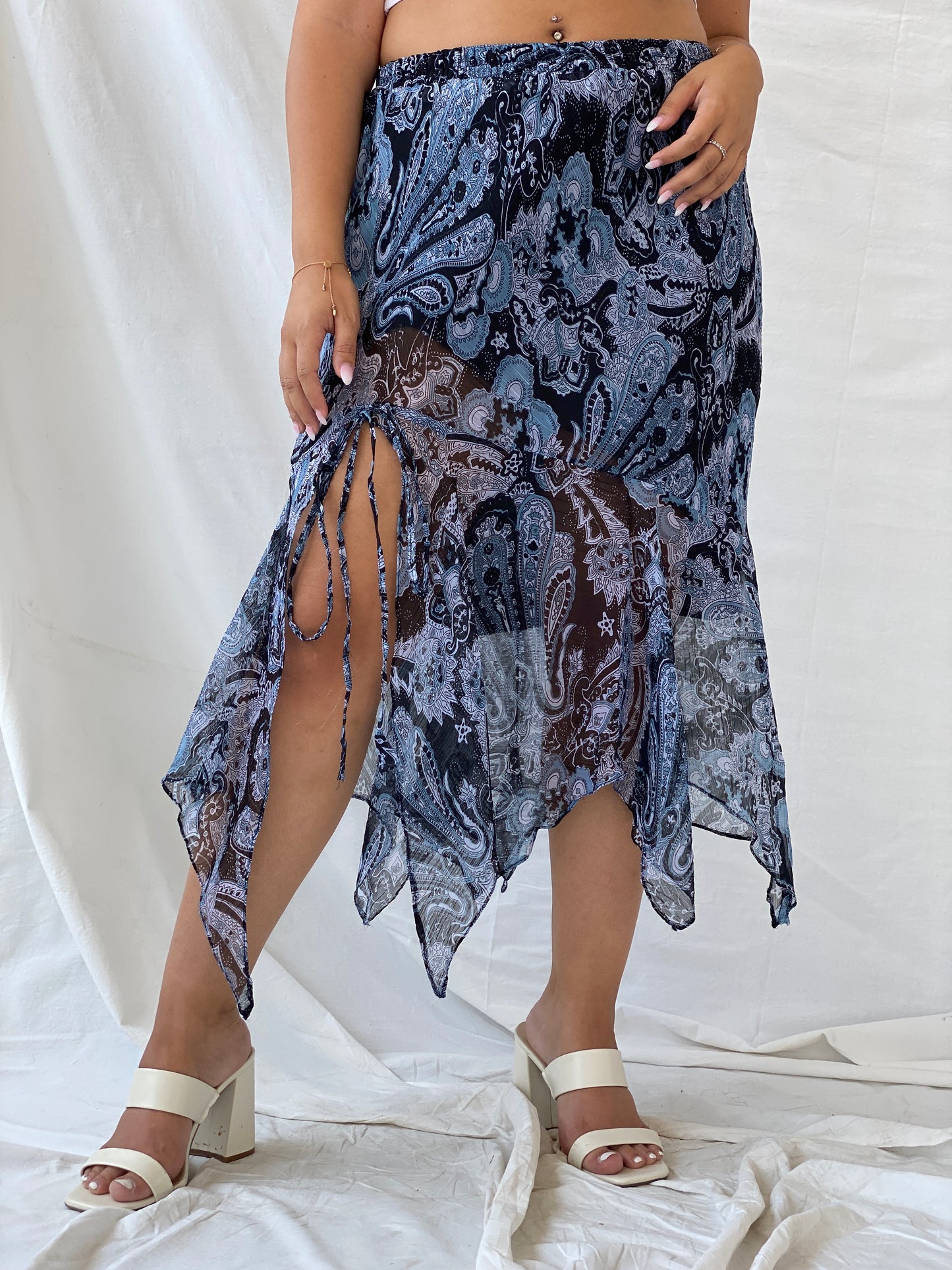 Y2K Blue Printed Sheer Asymmetrical Hem Midi Skirt - L