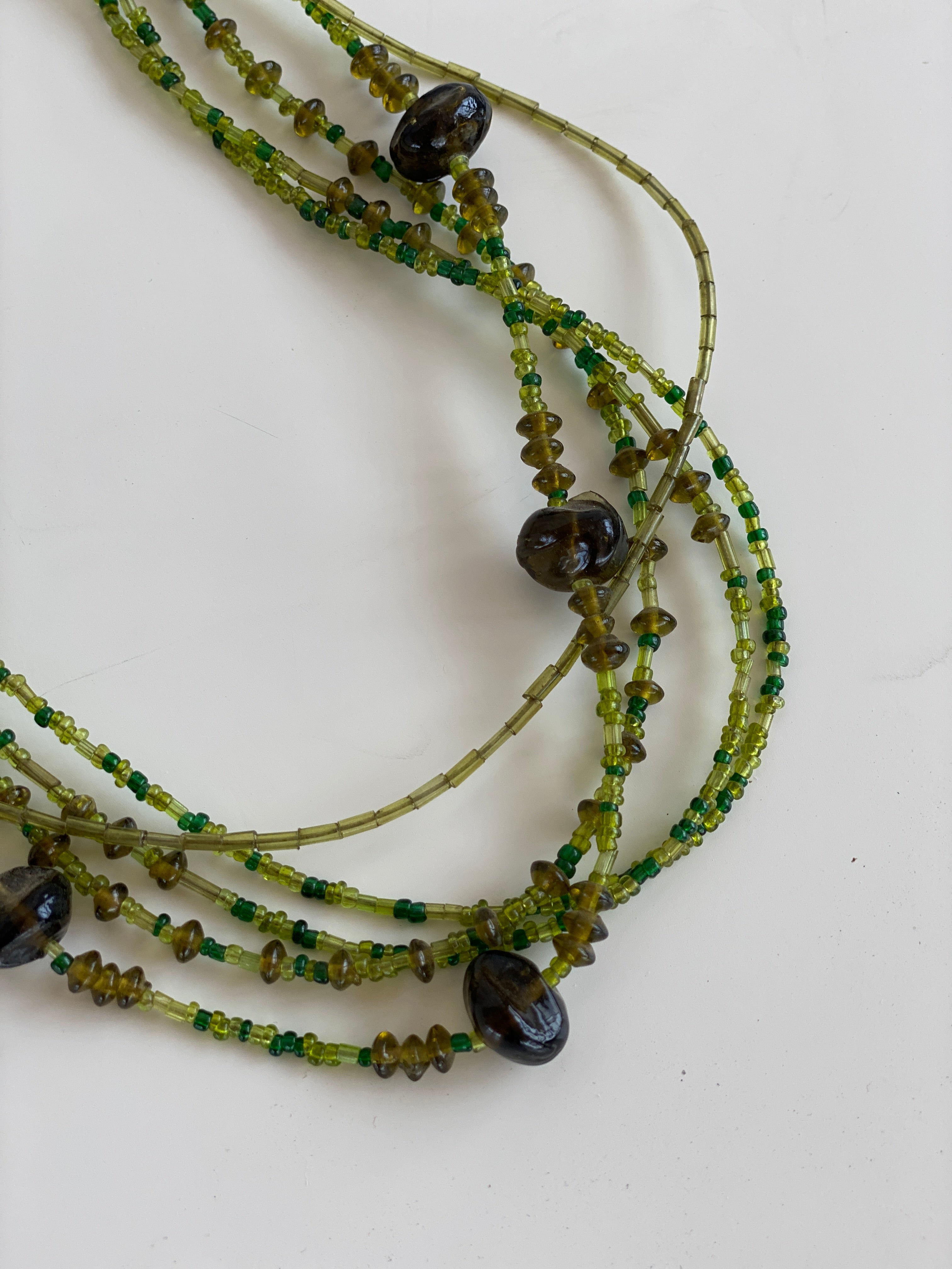 Vintage Green Multi-Strand Glass Bead Chocker Necklace – Layered Boho Statement Jewelry