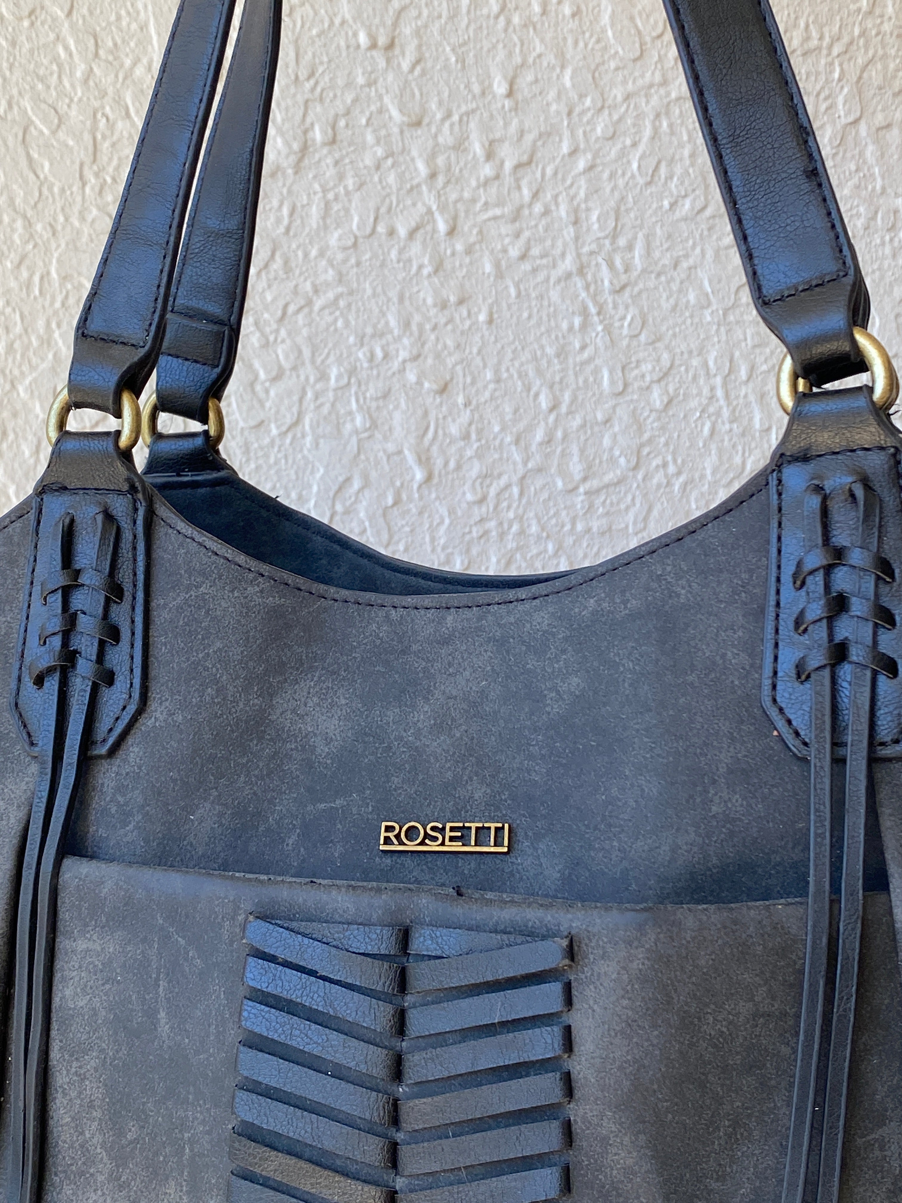 Rosetti Stella Dark Gray Distressed Leather Purse Large Tassel Hobo Shoulder Bag