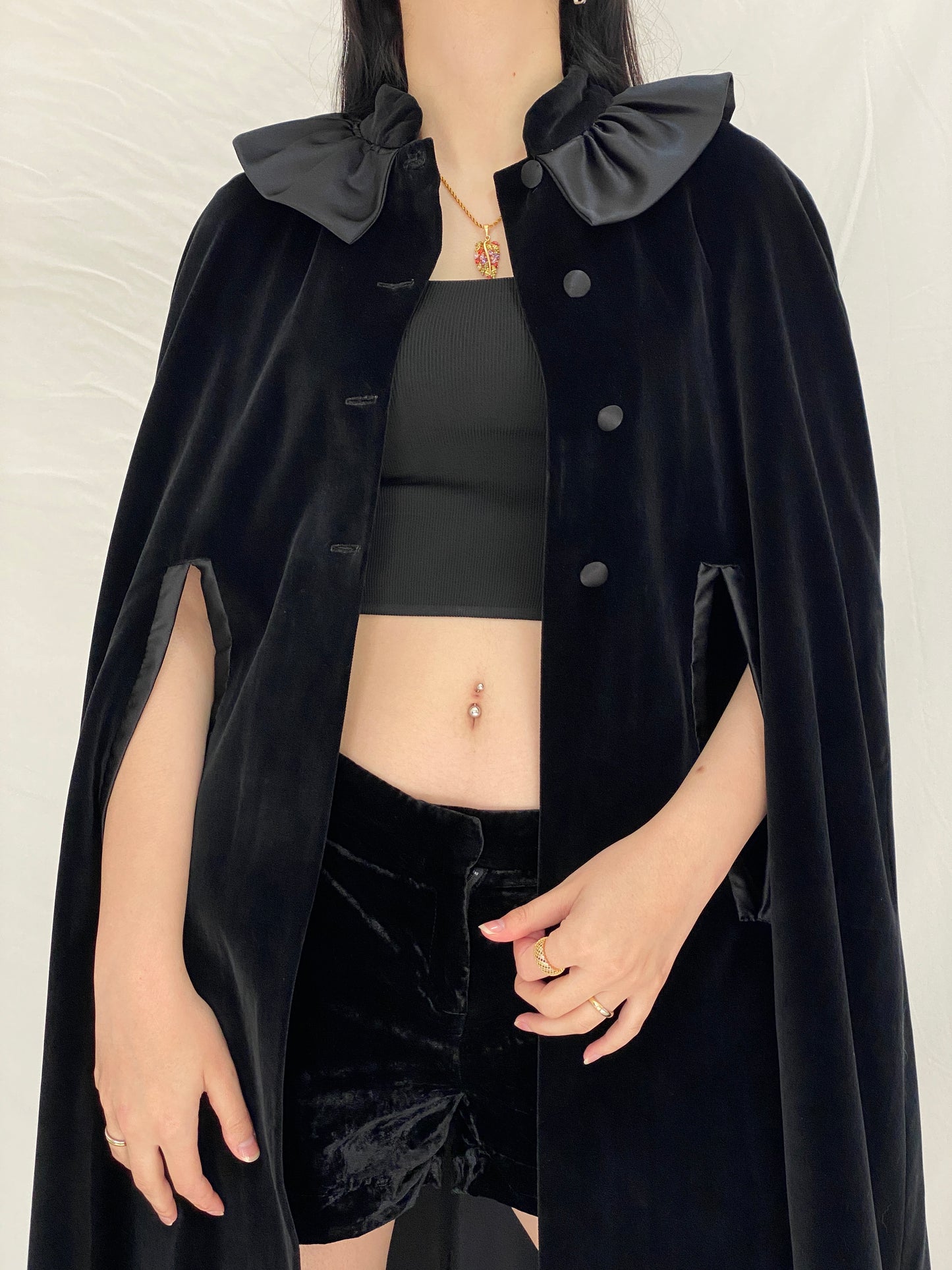 Vintage Black Velvet Cape with Satin Statement Collar - Gothic Elegance Evening Outerwear
