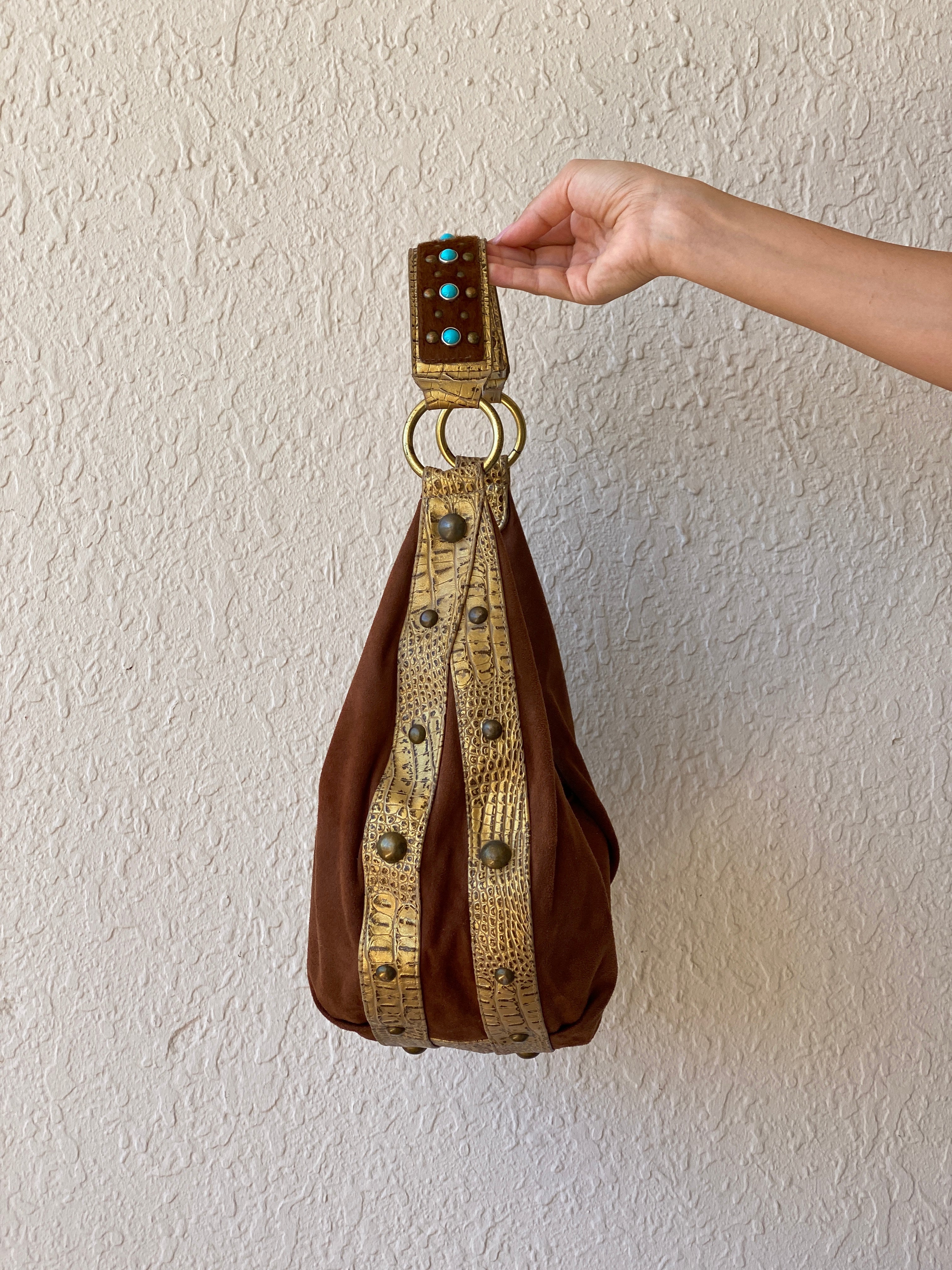 Gorgeous Kathy Van Zeeland Brown Vegan Suede Gold Faux Leather Trim Western Boho Shoulder Bag