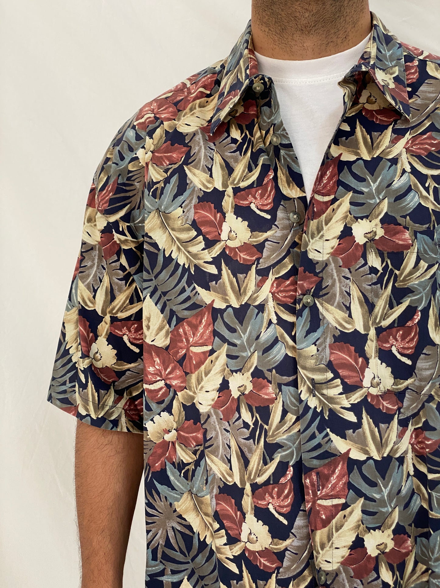 Vintage 90s Campia Moda Tropical Hawaiian Navy Floral Cotton Shirt - XL
