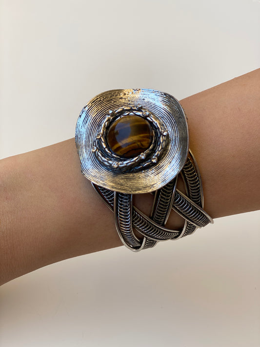 Vintage Tiger Eye Statement Cuff Bracelet Silver Tone Openwork Artisan Bangle