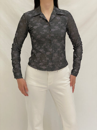 Vintage 90s BSB Club Gray Silver Floral Embroidered Fitted Shirt - S