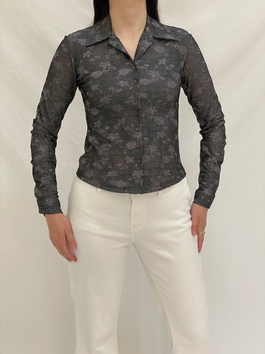 Vintage 90s BSB Club Gray Silver Floral Embroidered Fitted Shirt - S