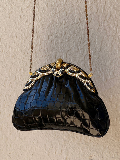 Vintage 1980s Black Croc Embossed Patent Rhinestone Bow Frame Gold Chain Evening Bag