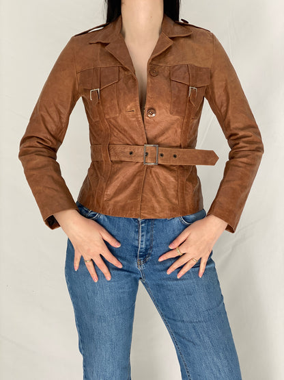 Vintage Y2K Influence Paris Brown Genuine Leather Fitted Belted Jacket - S