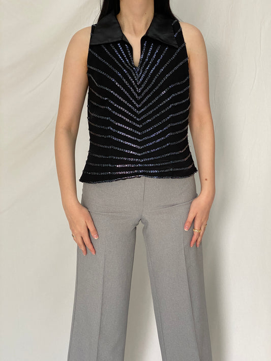 Vintage JK ARA Black Beaded Party Sleeveless Top Embellished Evening Blouse – M