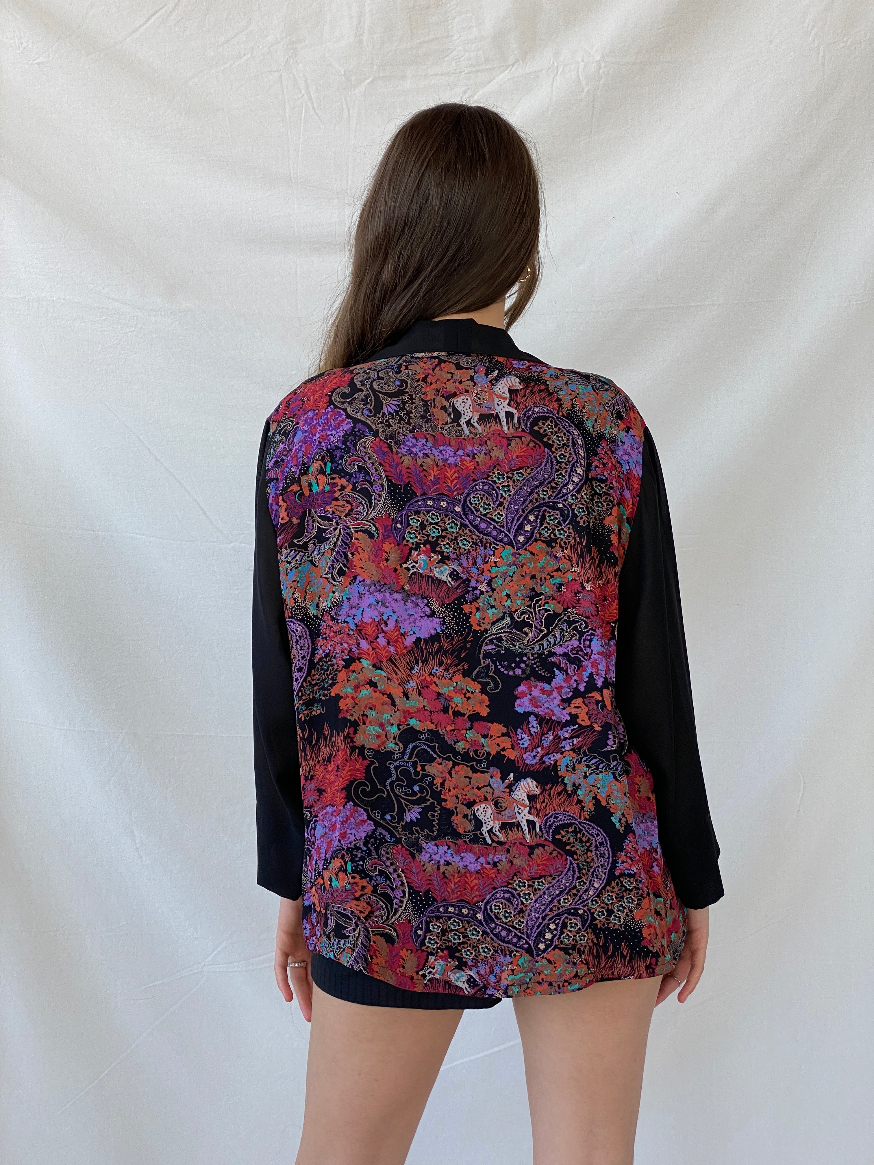 Vintage Handmade Multicolor Semi Sheer Paisley Print Black Shirt - L