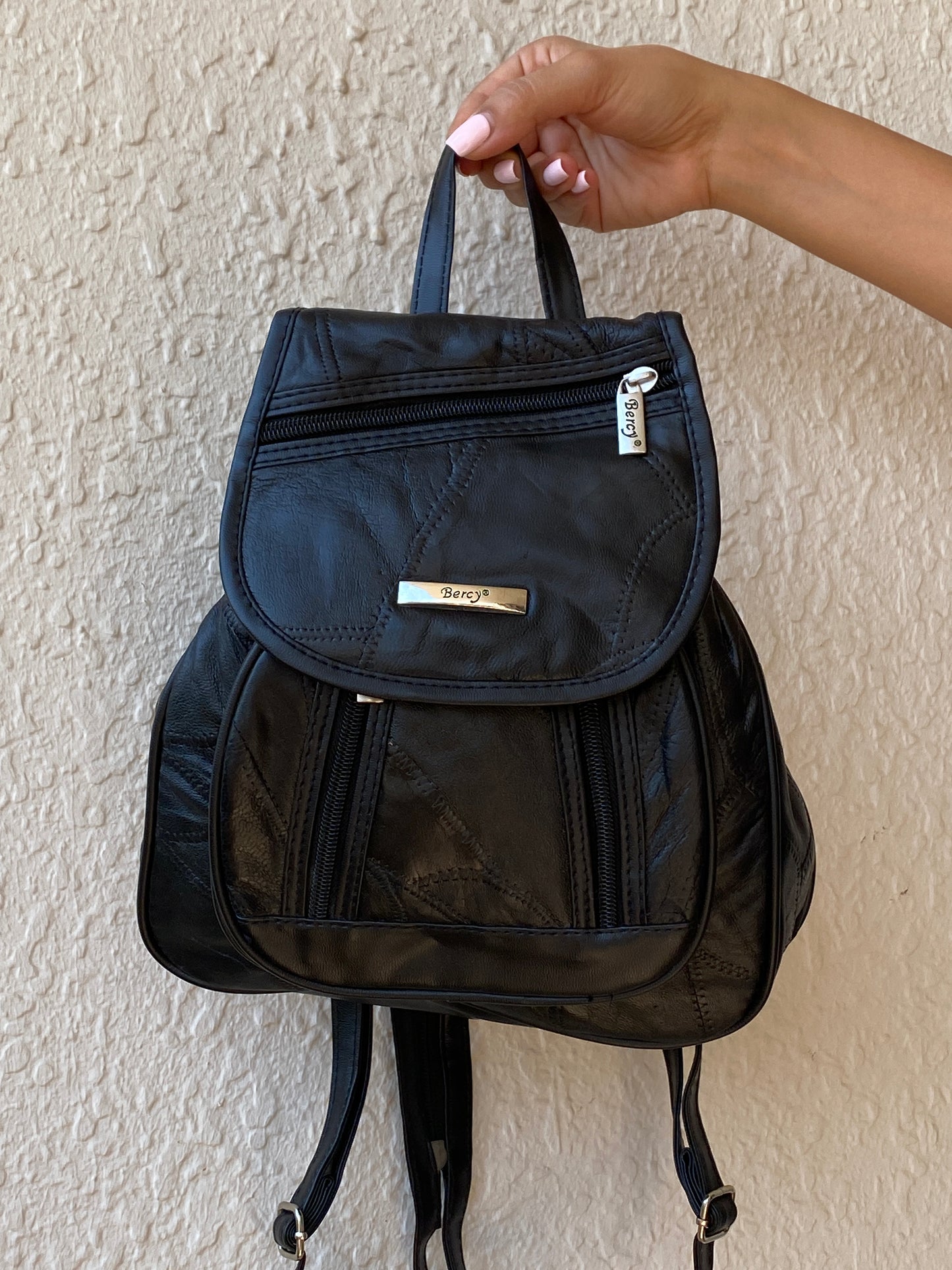 Vintage 90s Bercy Black Genuine Leather Patchwork Multi-Pocket Backpack