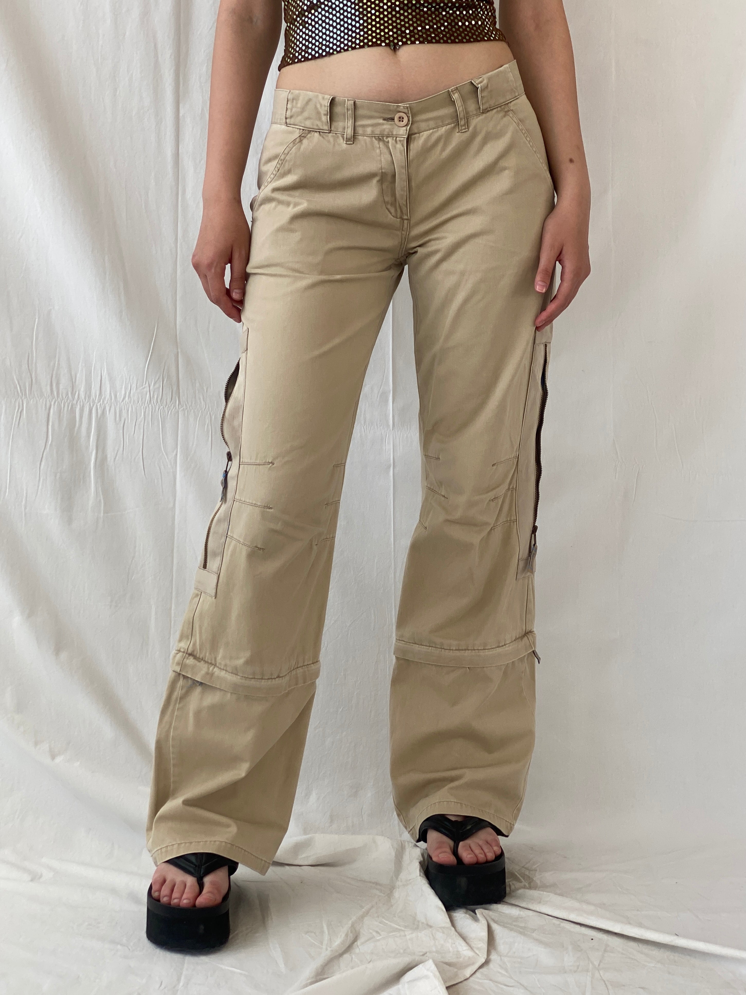 بنطلون كارجو Y2K IDPDT بيج منخفض الخصر وواسع الساق وطول قابل للتعديل - M