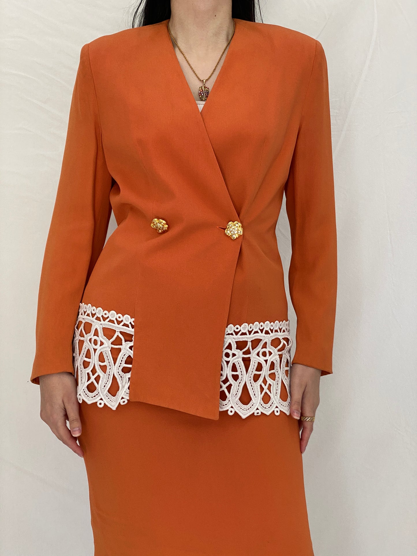 Statement Vintage Luigi Bruno Italian Orange Skirt Suit Set Tailored Blazer & Pencil Skirt - S