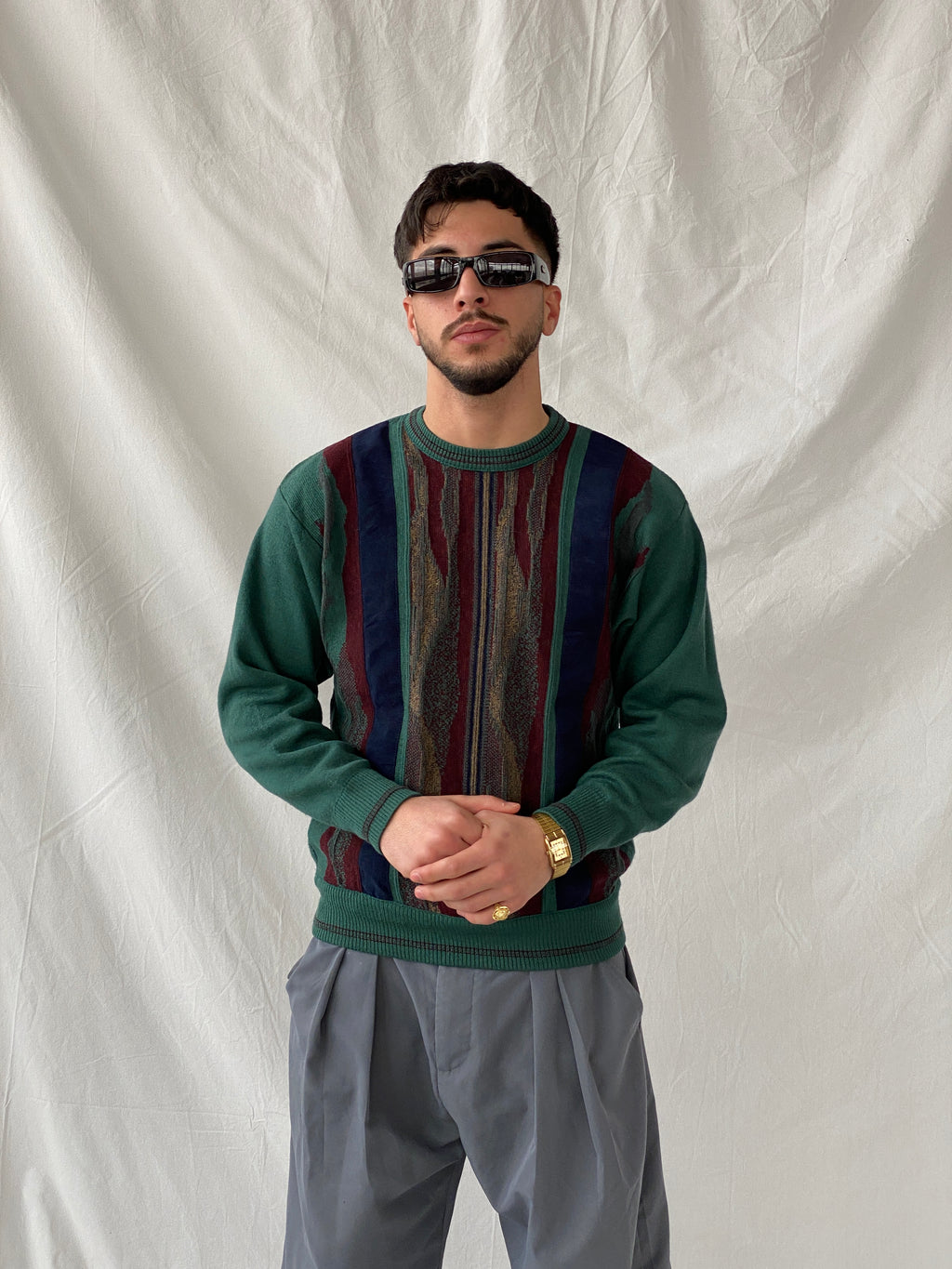 Vintage Summerland Men’s Green 3D Stripe Pattern Coogi-Style Crew Neck Knitted Sweater - M