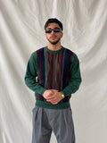 Vintage Summerland Men’s Green 3D Stripe Pattern Coogi-Style Crew Neck Knitted Sweater - M