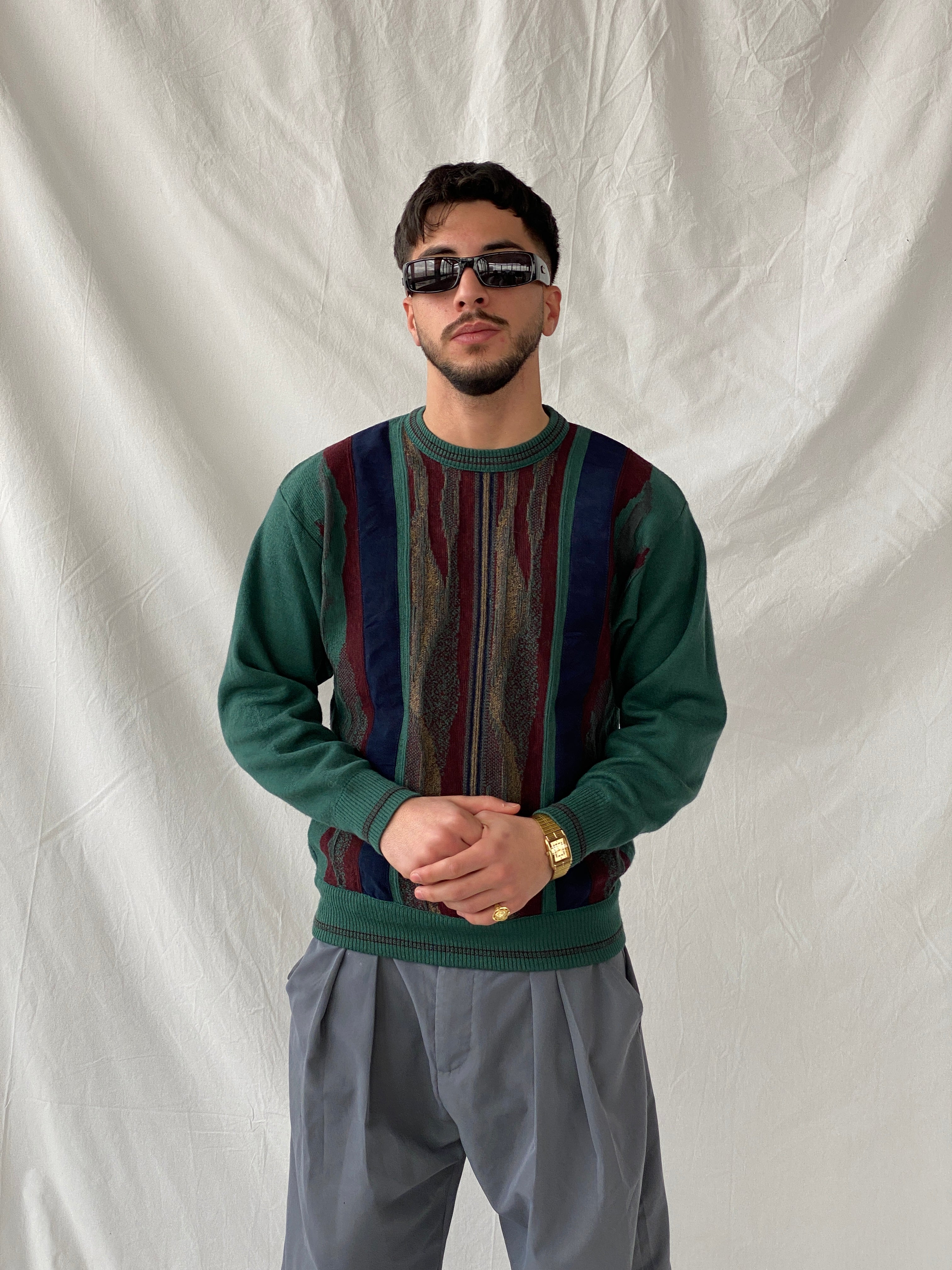 Vintage Summerland Men’s Green 3D Stripe Pattern Coogi-Style Crew Neck Knitted Sweater - M