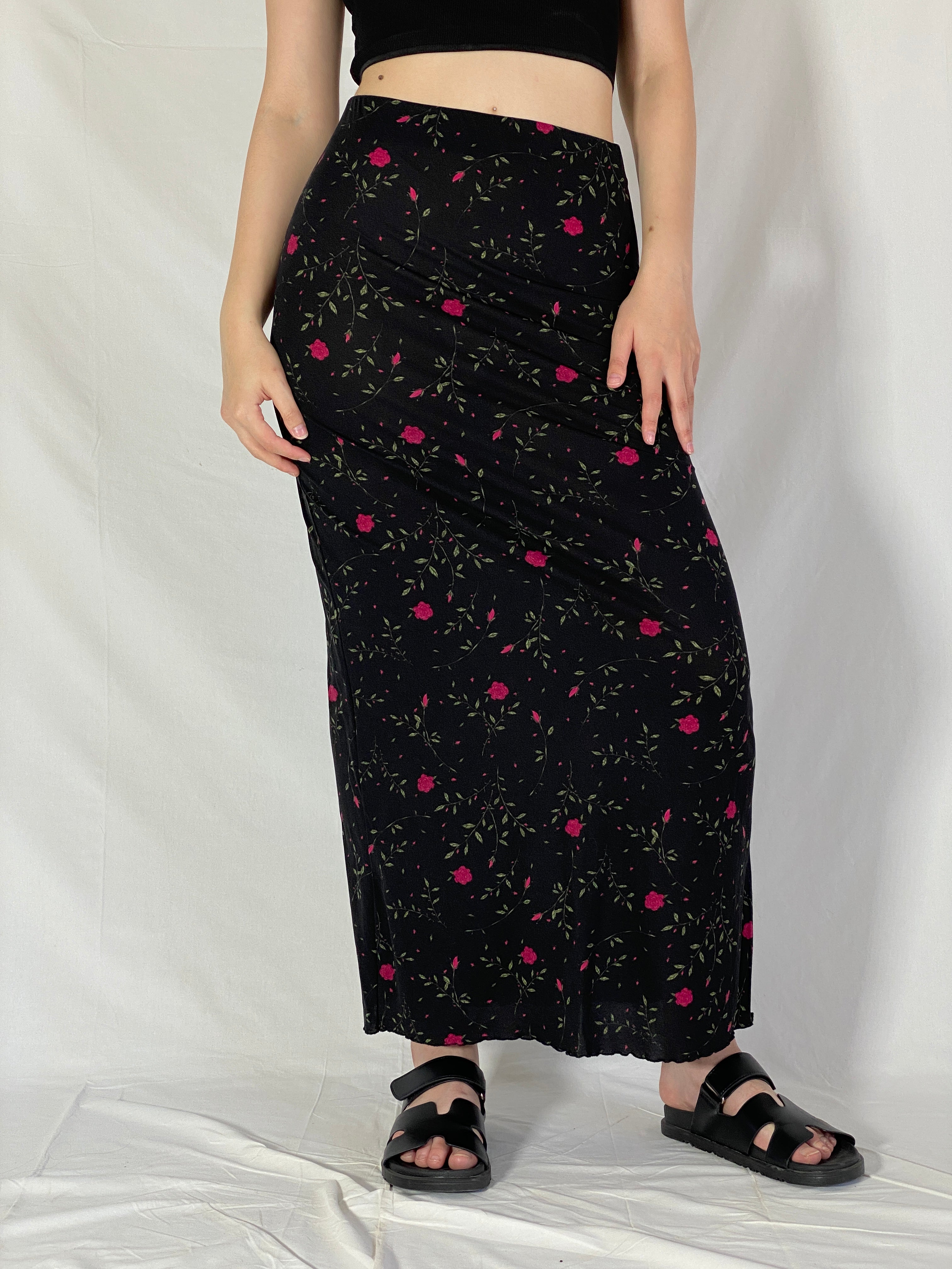 Vintage Y2K HENNES Collection Black Floral Maxi Skirt 90s/2000s Minimalist Everyday Skirt - M