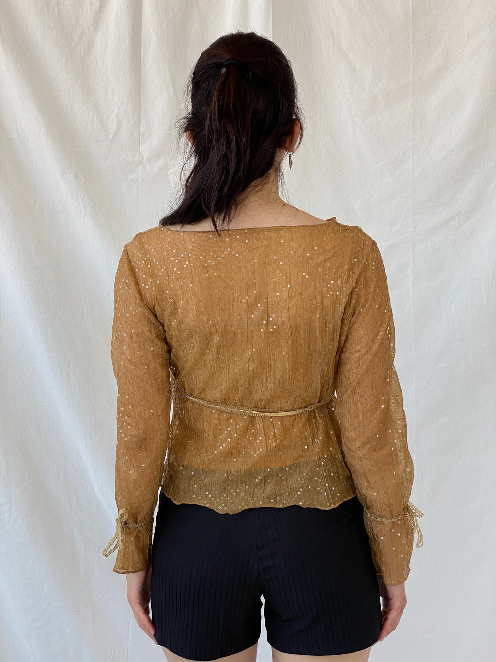 Vintage Y2K Jus D’ Orange Shimmer Fairy Sequin Sheer Bronze Top - M