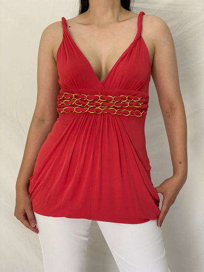Vintage Y2K Bebe Coral Red Gold Chain Draped Empire Waist Cami Top - M