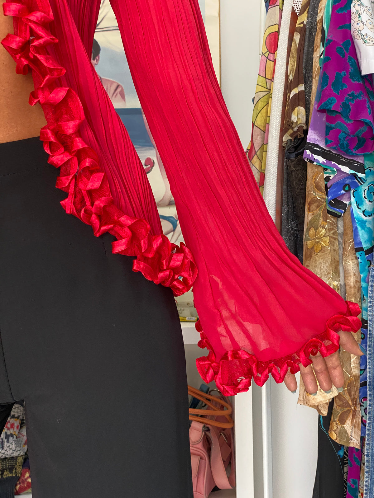 Vintage Y2K Red Pleated Ruffle Sheer Chiffon Statement Cardigan Top - M Vintage Y2K Red Pleated Ruffle Sheer Chiffon Statement Cardigan Top - M