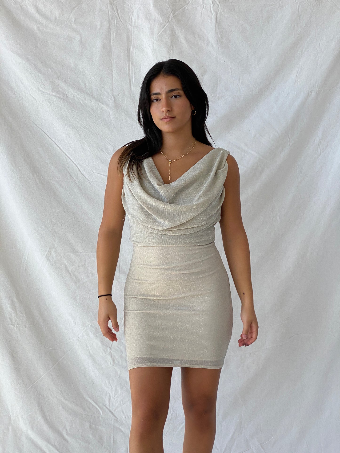 00s Jane Norman Cream Shimmery Cowl Neck knee-Length Dress - M