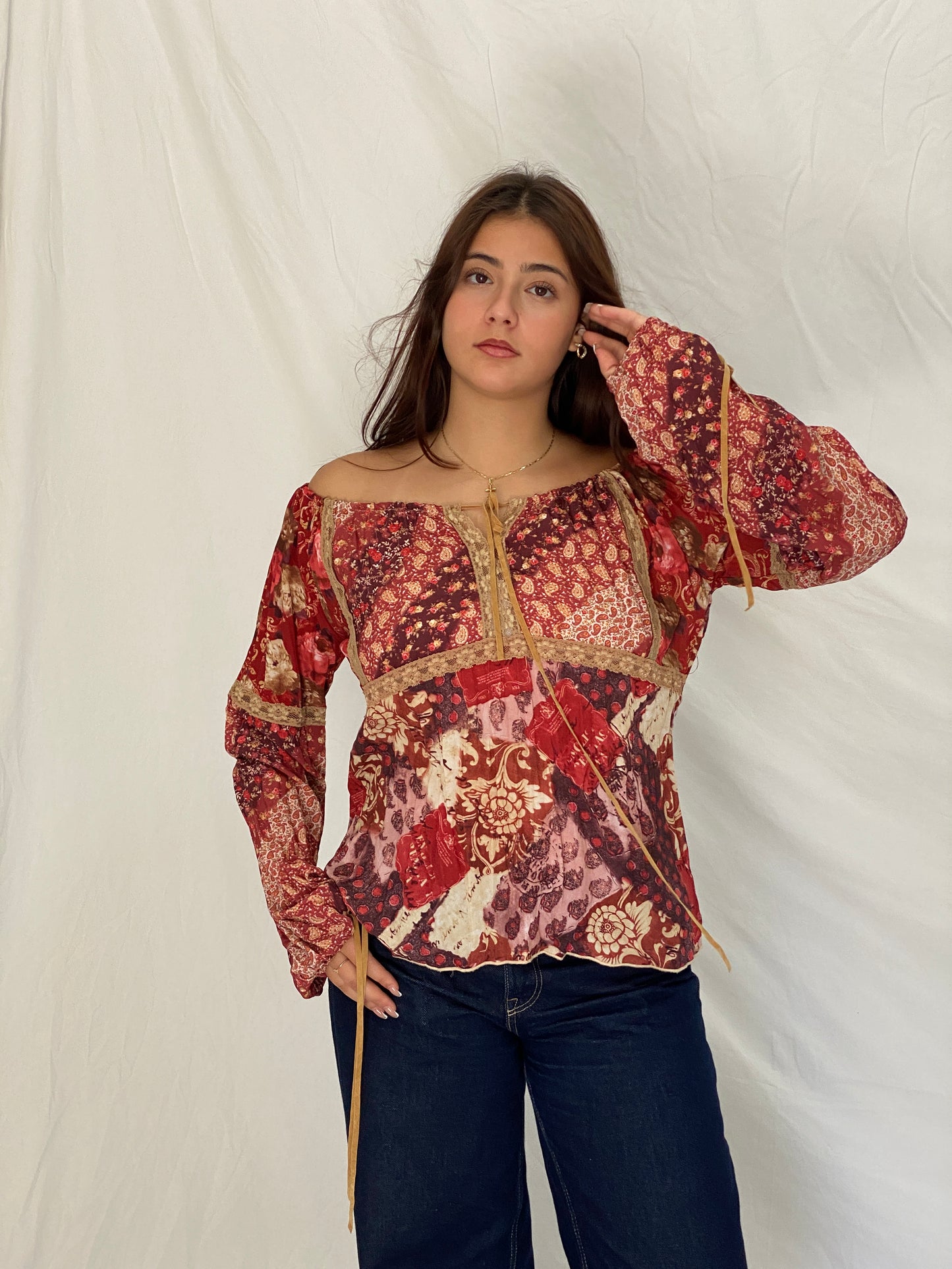 Vintage Y2K Fresh Wear Burgundy Patchwork Cottagecore Peasant Blouse - M
